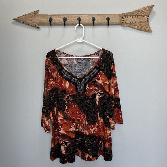 Suzie Couture | Orange & Brown Animal Print Artsy Tunic Top Lagenlook 3X Beaded - Picture 1 of 6